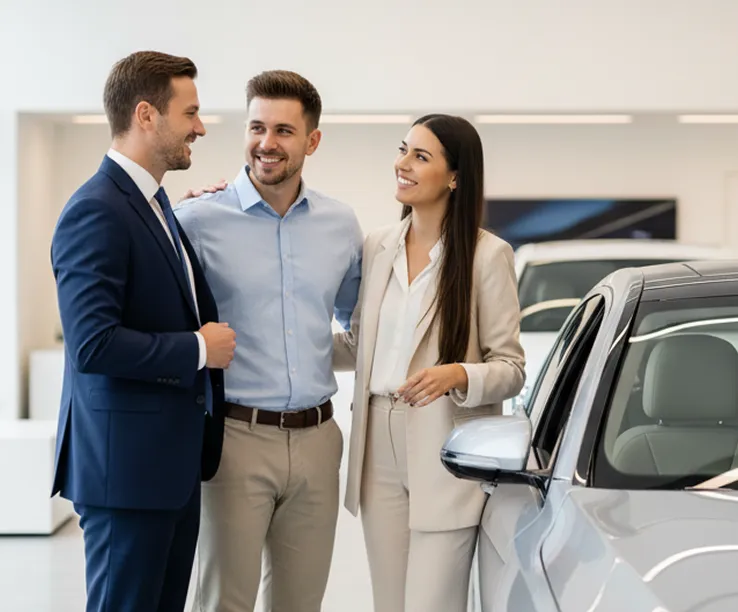 Spokojený klient Cartop s poradcem u nového vozu, osobní konzultace a férové podmínky